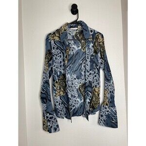 Vintage Animal Caviar Womens L Blue Leopard Print Pleated Button Front Blouse